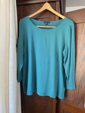 Eileen Fisher Teal 3/4 -Sleeve Boat Neck Top - Size Large